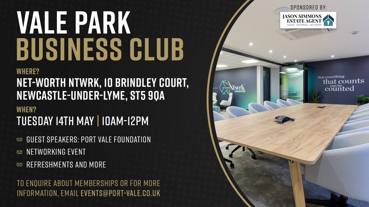 Tomorrow we're heading to @IronMarketGroup for our Vale Park Business Club networking event! 💼 🗣️ Guest Speakers: @PVFCFoundation 📍 Net-Worth Ntwrk [ST5 9QA] To enquire about memberships or for more information, email Events@Port-Vale.co.uk #PVFC | #UTV