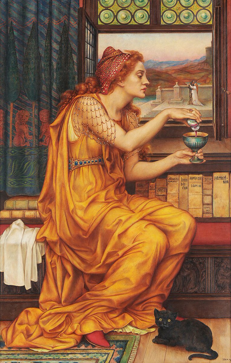 #MythologyMonday Evelyn De Morgan, 'The Love Potion,' 1903 Despite the inclusion of a black cat which hints by its very presence to the stereotypical depiction of diabolical sorceresses, the subject of the painting is presented as a learned scholar. demorgan.org.uk/collection/the…