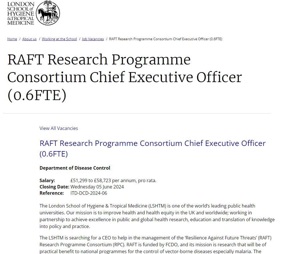 📢We're hiring: RAFT CEO Join the RAFT senior leadership team in this important role with operational responsibility across all RAFTs activities, including research, governance structures & workings as a partnership⬇️ jobs.lshtm.ac.uk/vacancy.aspx?r… Closing date: 5 June 2024