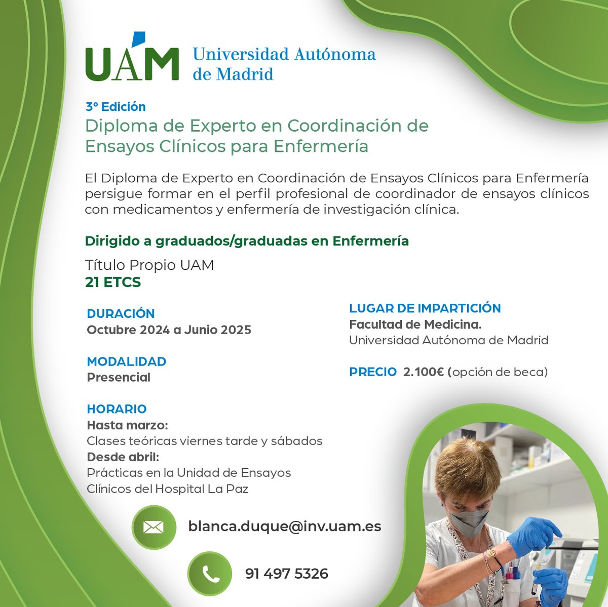 📢¿Aún no te has apuntado? 🟢3ª Edición: Curso Diploma de Experto en Coordinación de Ensayos Clínicos Enfermería 👉Acreditación: 21 ECTS y prácticas en la Unidad de Ensayos Clínicos del Hospital La Paz uam.es/CentroFormacio… @UAM_Medicina