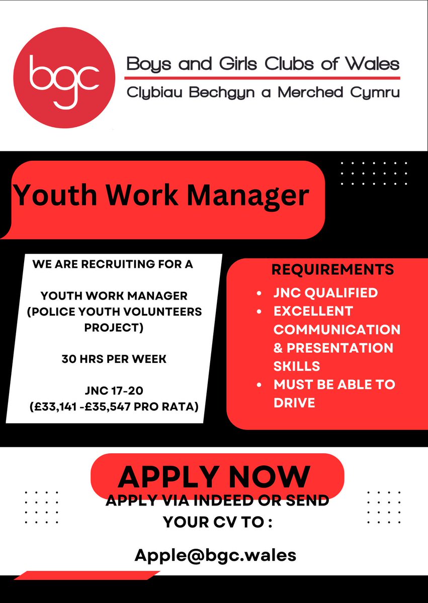 @BGCWales are recruiting for a Youth Work Manager as part of the @swpolice Police Youth Volunteers (PYV) project. 30 hrs/pw 🗓️Deadline to apply 23rd May 2024 📝You can find all the information and apply here; uk.indeed.com/viewjob?jk=61f… ✉️Any questions to apple@bgc.wales