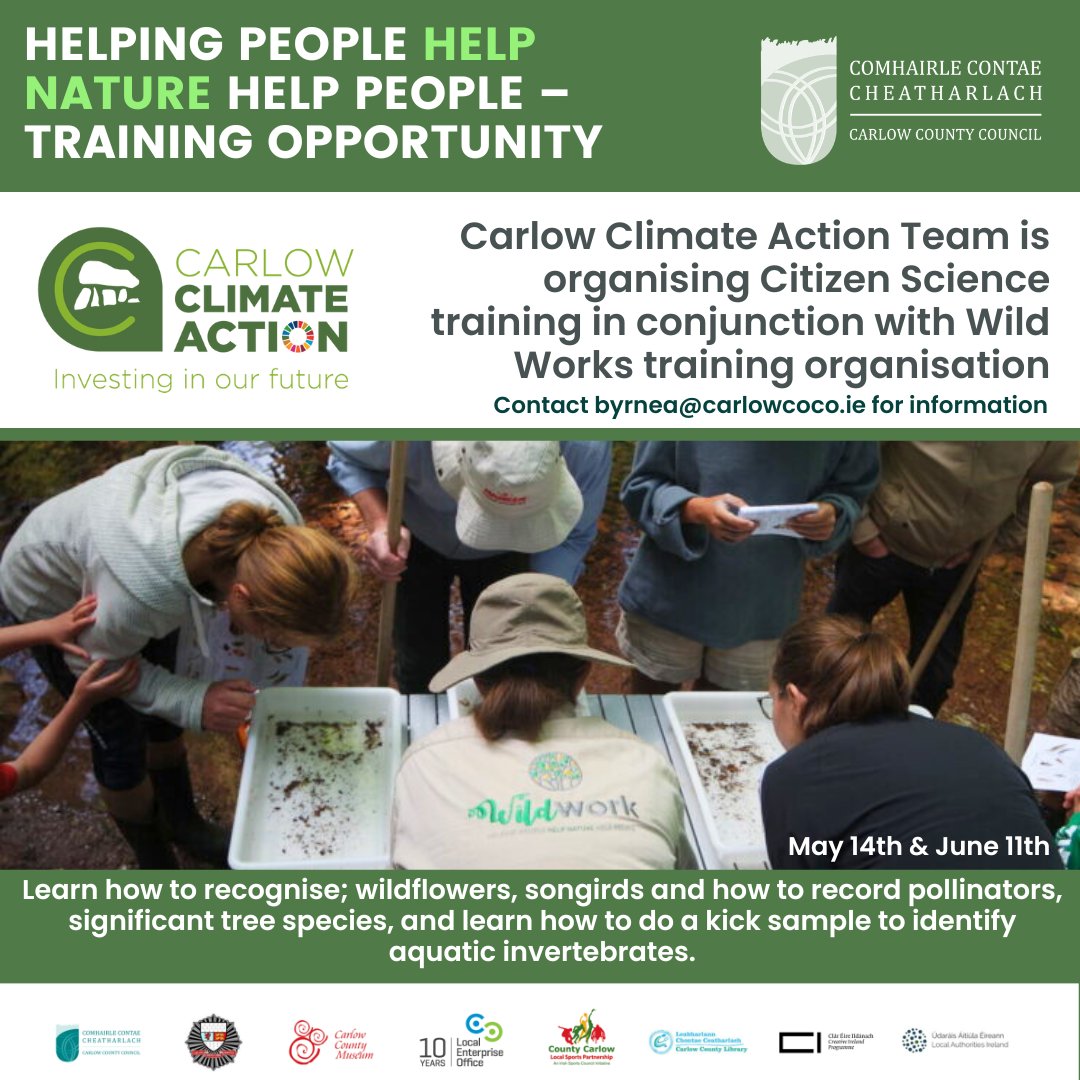 Carlow Climate Action Team is organising Citizen Science training in conjunction with Wild Works training organisation. Takes place May 14th & June 11th. Contact Áine at byrnea@carlowcoco.ie for information. @CarlowPPN @county_carlowEN @CarlowLibraries