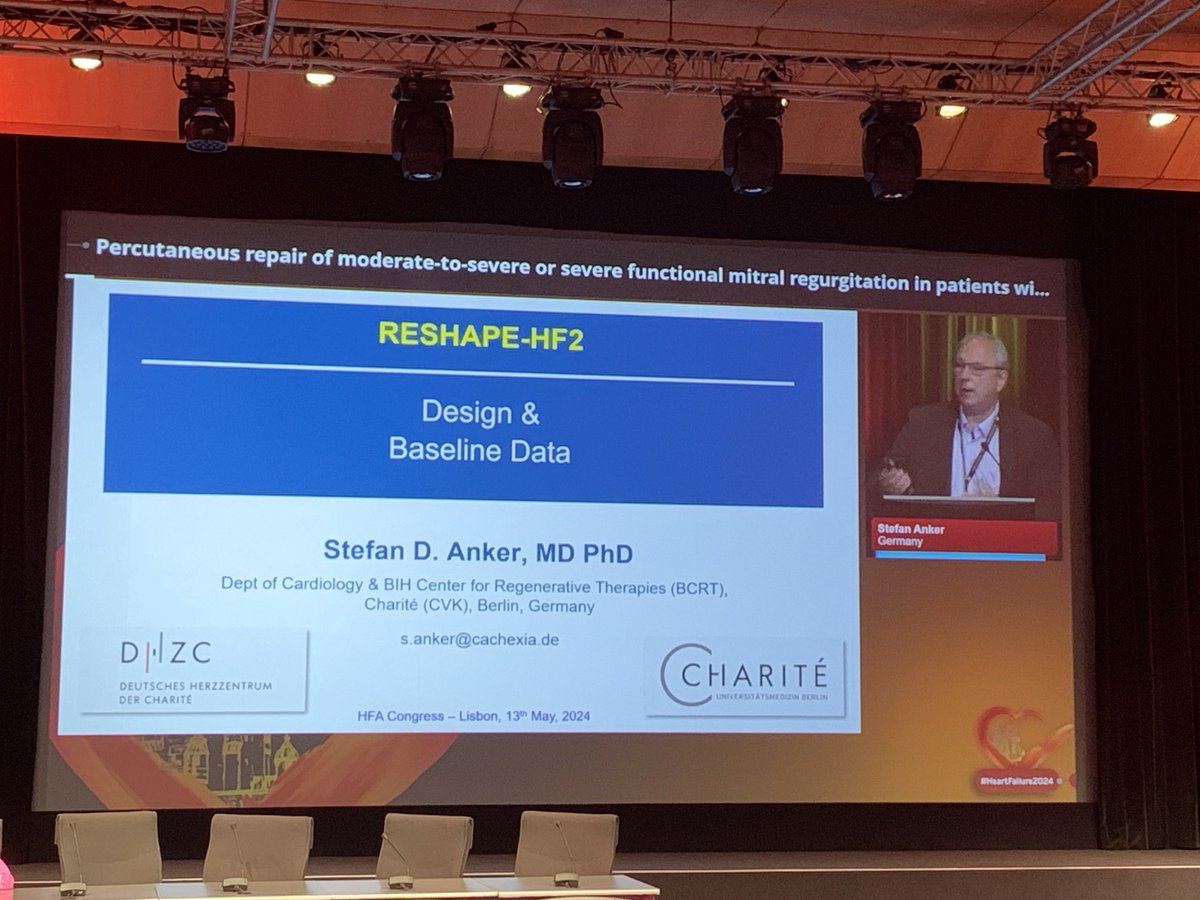 Stefan Anker presenting the baseline characteristics of RESHAPE HF 2. Mean Ero 0.25 cm2 here, and GDMT at full speed. Final results at ESC 2024!! Will this end the debate on Mitraclip use in moderate to severe MR ? #HeartFailure2024