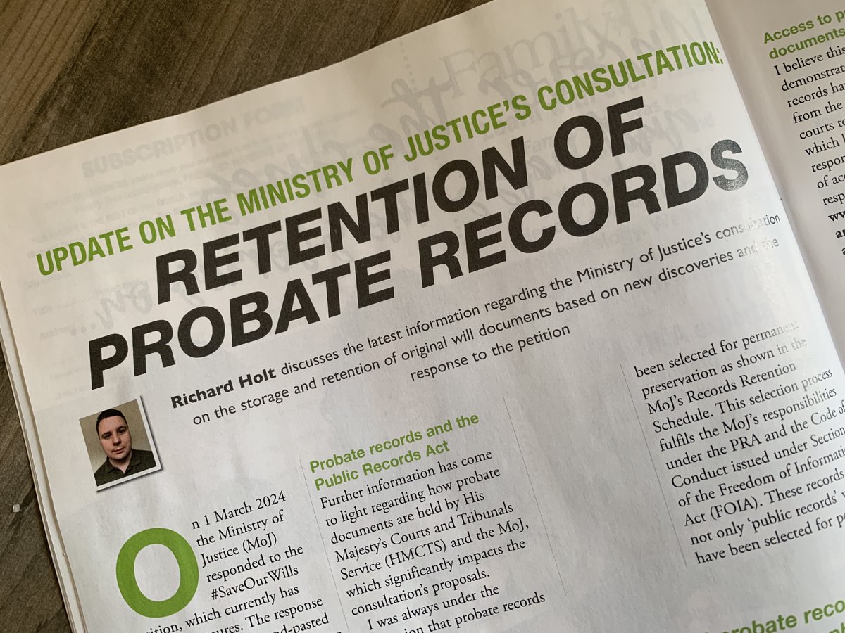 Read my article in @familytreemaguk to learn the latest information about @MoJGovUK's proposals re: the consultation on the storage and retention of probate records... including why the MoJ are not allowed to destroy the records without approval. @UkNatArchives @AGRAGenealogy