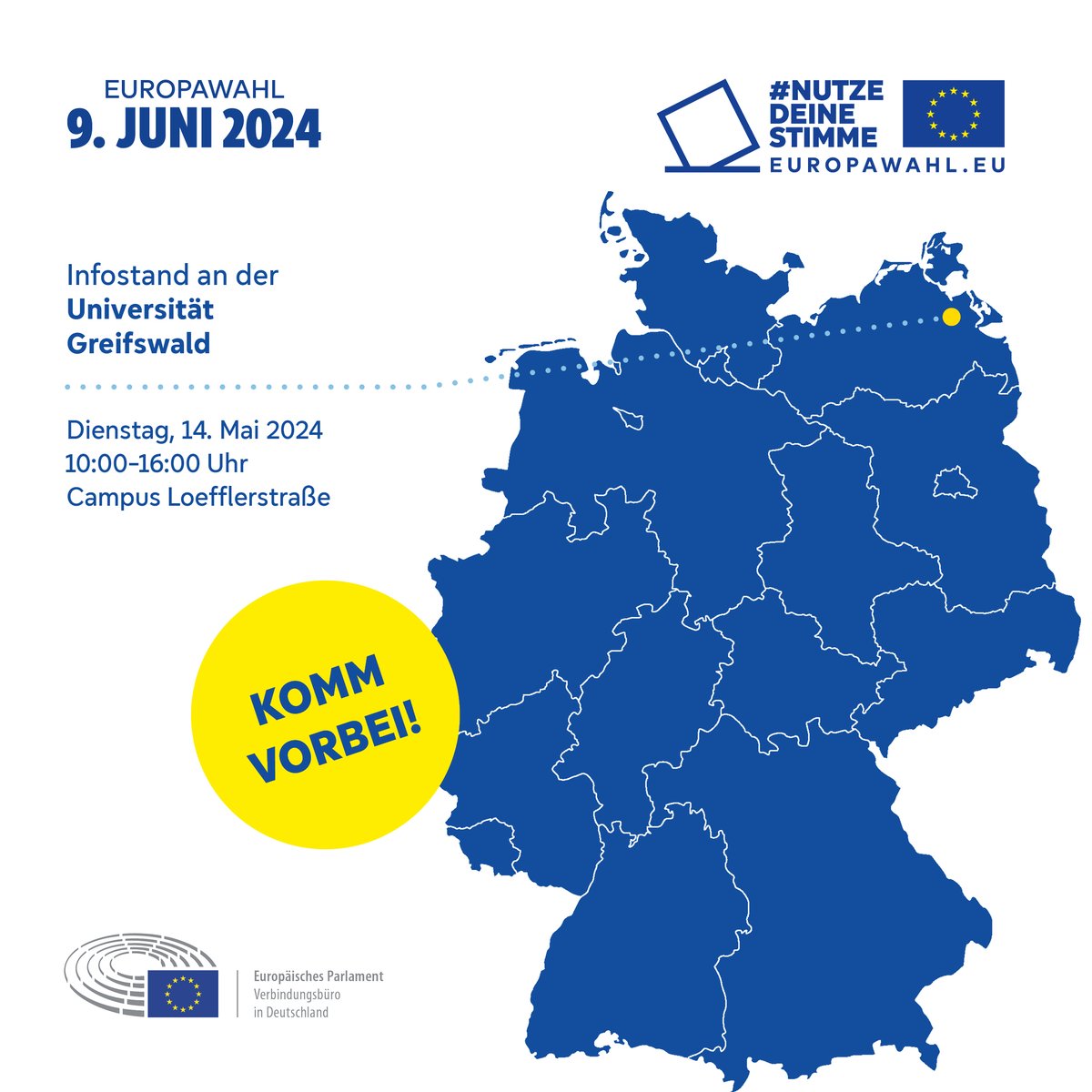 Europawahl-Info: Das EU-Parlamentsbüro besucht die Uni Greifswald am 14. Mai. Info-Stand von 10:00 bis 16:00 Uhr auf dem Campus Loefflerstraße zur Wahl am 9. Juni 2024. #Europawahl2024