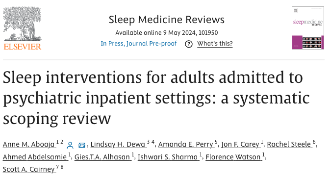 Our #forensicsleepresearch group review is out! Based on 28 studies: - Non-pharmacological interventions may improve sleep & cardiovascular health for psychiatric inpatients - Sleep measures varied - Use of objective measures limited shorturl.at/syPUW #MHAW24