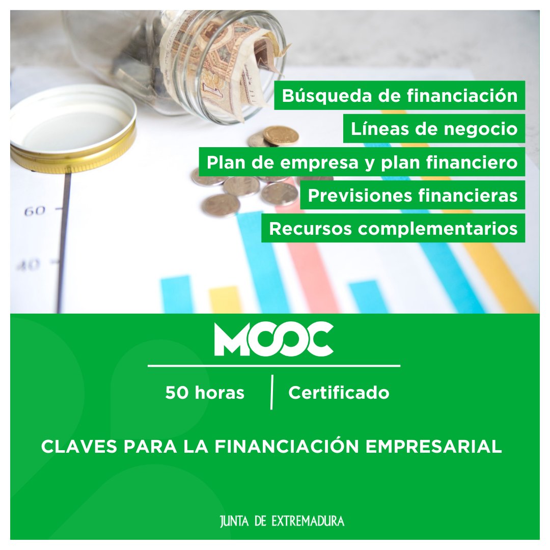 🚀 ¿Tienes una idea empresarial y quieres ponerla en marcha pero necesitas financiación? 👉 MOOC: Claves para la financiación empresarial. 💻 Online ✅ Certificado al finalizar ℹ️ Más info | tinyurl.com/22b8vk5b