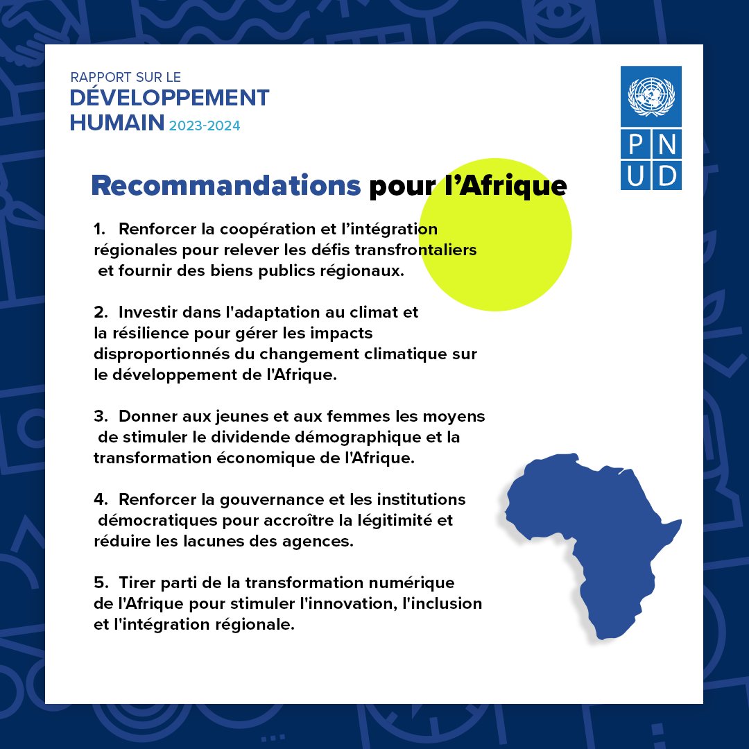 Voici les recommandations du #HDR2024 du @pnudfr pour guider les efforts de l'Afrique à relever les défis d'un monde incertain et à faire progresser le #développementhumain durable pour tous👇 En savoir plus: report.hdr.undp.org