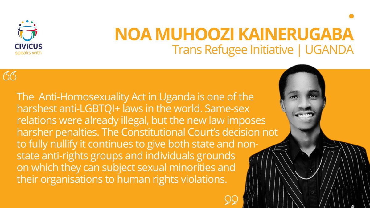 🇺🇬‘Politicians fuel the anti-LGBTQI+ movement to achieve political goals’ says Noa Muhoozi Kainerugaba of @transrefuge about Uganda’s Constitutional Court’s recent ruling upholding the 2023 Anti-Homosexuality Act. 🔗web.civicus.org/NoaKainerugaba #CIVICUSLens