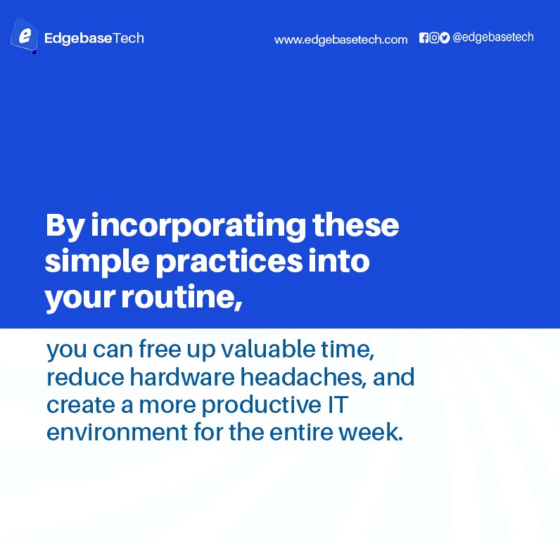 EdgebaseTech's tweet image. These simple tricks will free up your time, minimize tech headaches, and create a productive week for you and your team.

Have a productive week! ☺️

#edgebasetechnologies 
#happynewweek 
#EdgebaseTech
#ITsolutions
#monday 
#productivity 
#techtips