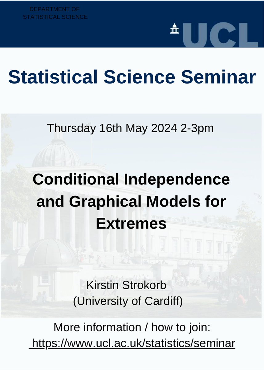 This week’s departmental seminar will be given by Kirstin Strokorb (University of Cardiff). Time and date: Thursday 16th May 2-3pm In-person location: 1-19 Torrington Place, B09 Link to join online:  contact ( stats-seminars-join@ucl.ac.uk )