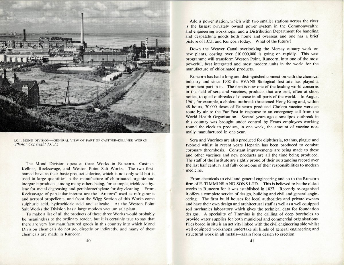 From the 1965 Runcorn Official Guide - some ICI chemical history for @catalystarchive and @bmhistory The town had seen the development of the industry fromthe early 19th Century thanks to salt, coal & transport. #Cheshire #industry #chemicals @TICCIHBrit