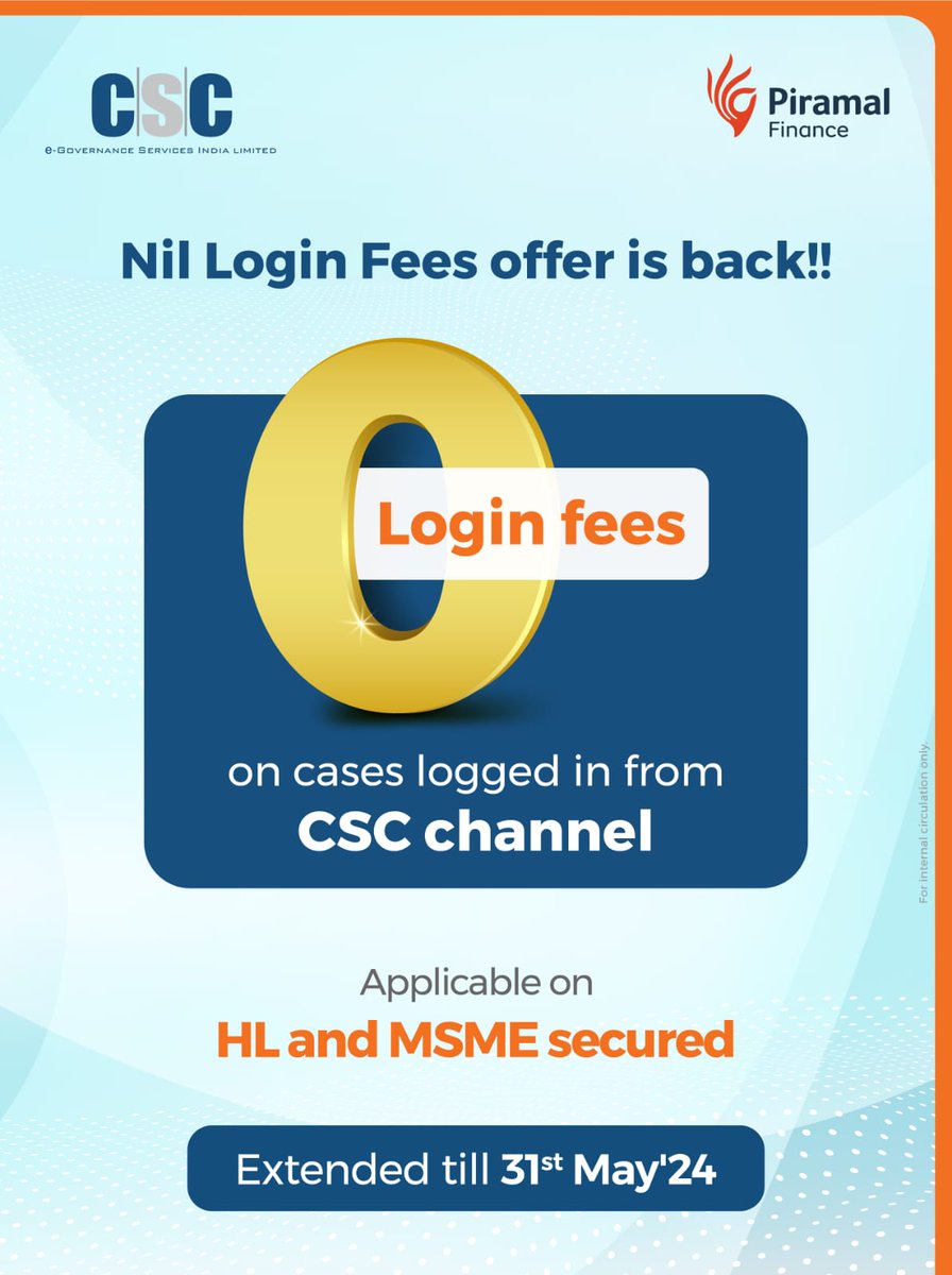 Piramal Finance Offer is Back For CSC VLE’s
Nil Login Fees on Home Loan & MSME Secured Products
Extended till 31st May’24

#CSC #PiramalFinance #CSCLoan #CSCLoanbazar #CSCPiramalloan #digitalindia