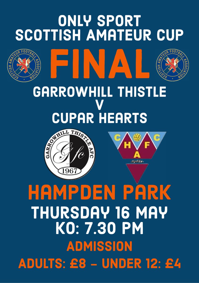 All roads lead to the National Stadium this Thursday. It’s the Only Sport Scottish Amateur Cup Final between Garrowhill Thistle and the holders, Cupar Hearts. It’s shaping up to be a thriller. Why not come along and watch Amateur football’s showcase game? We’d love to see you!