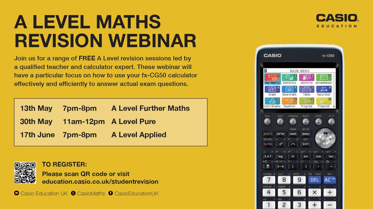 Live A Level revision webinar tonight! We'll focus on how to use the fx-CG50 effectively to answer actual exam questions. Share this link with your students. hubs.ly/Q02wVydg0 @GuideCalculator @ColleenYoung @MEIMaths @mathsjem @Corbettmaths @Advanced_Maths @mathscpdchat