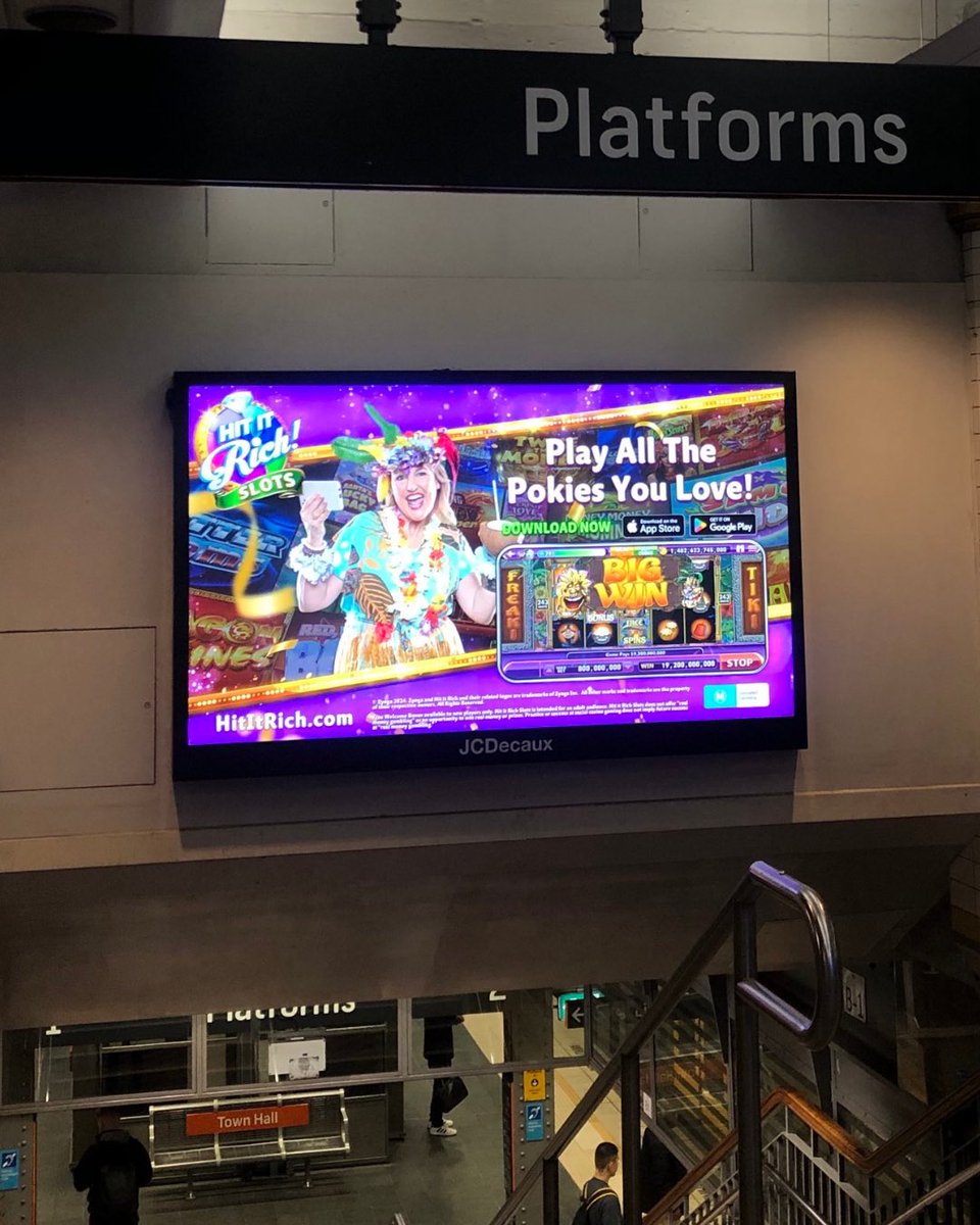 This ad was in Town Hall Station at peak hour on Friday despite the Fed Govt agreeing to restrictions on simulated gambling games which start in September. It's a blatant last-minute push to get kids addicted to social casino games and pokies before restrictions set in.