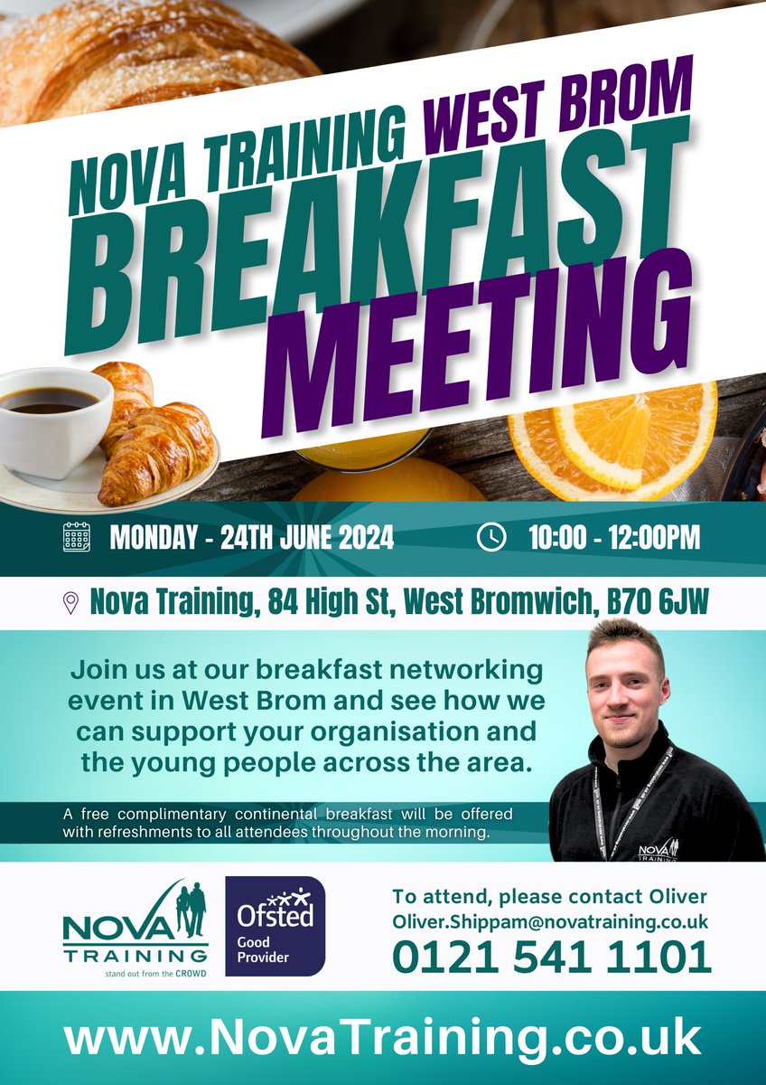 Attention all #Keyworkers, #Schools, #Stakeholders and #Partners in the #WestBromwich area, join us at Nova Training on Monday - 24th June 2024 from 10:00 – 12:00 for a breakfast meeting.
Make sure to RSVP by emailing Oliver Shippam at Oliver.Shippam@novatraining.co.uk
#Sandwell