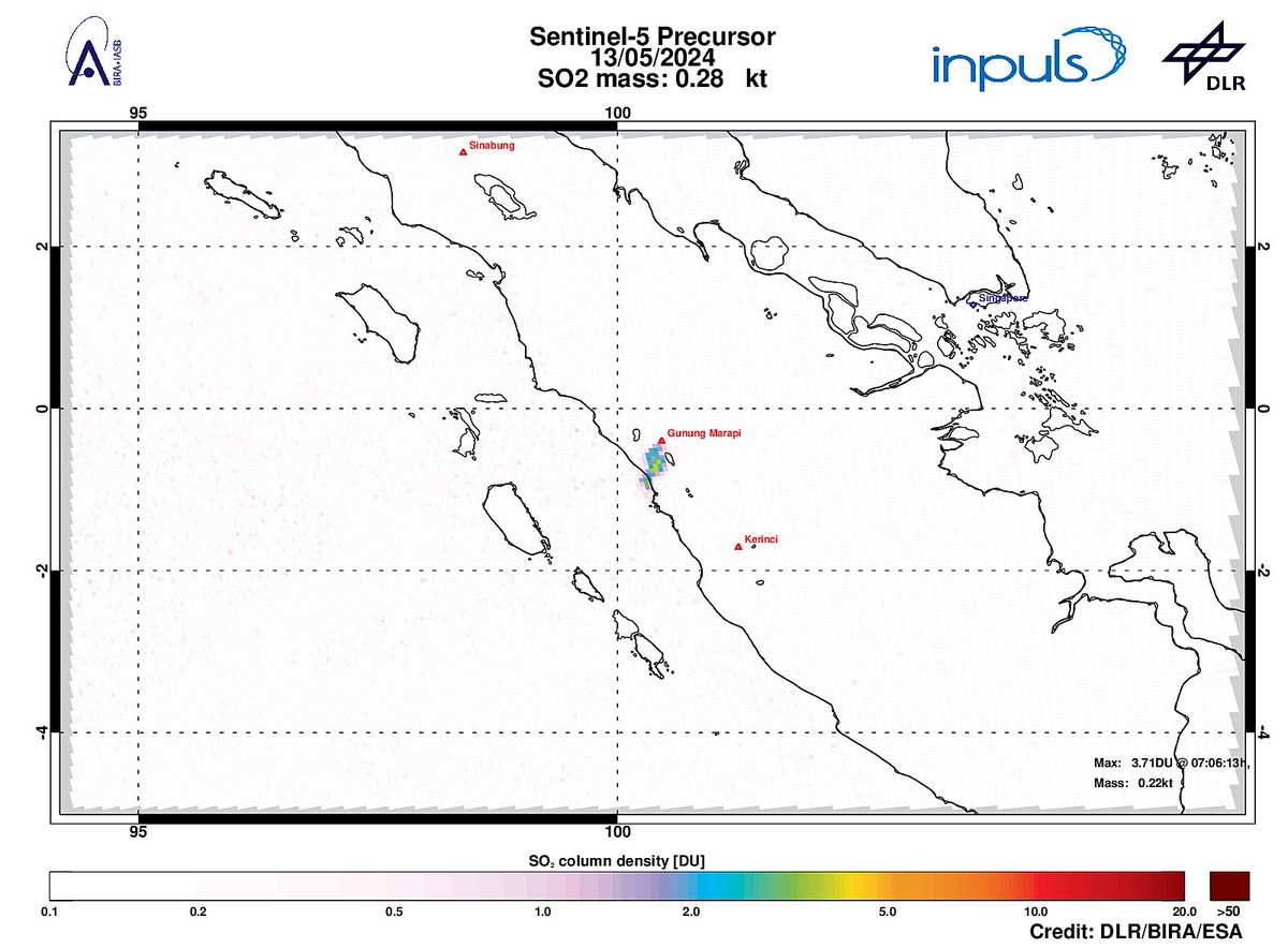On 2024-05-13 #TROPOMI has detected an enhanced SO2 signal of 3.71DU at a distance of 29.5km to #GunungMarapi. Other nearby sources: #Kerinci. #DLR_inpuls @tropomi #S5p #Sentinel5p @DLR_en @BIRA_IASB @ESA_EO #SO2LH