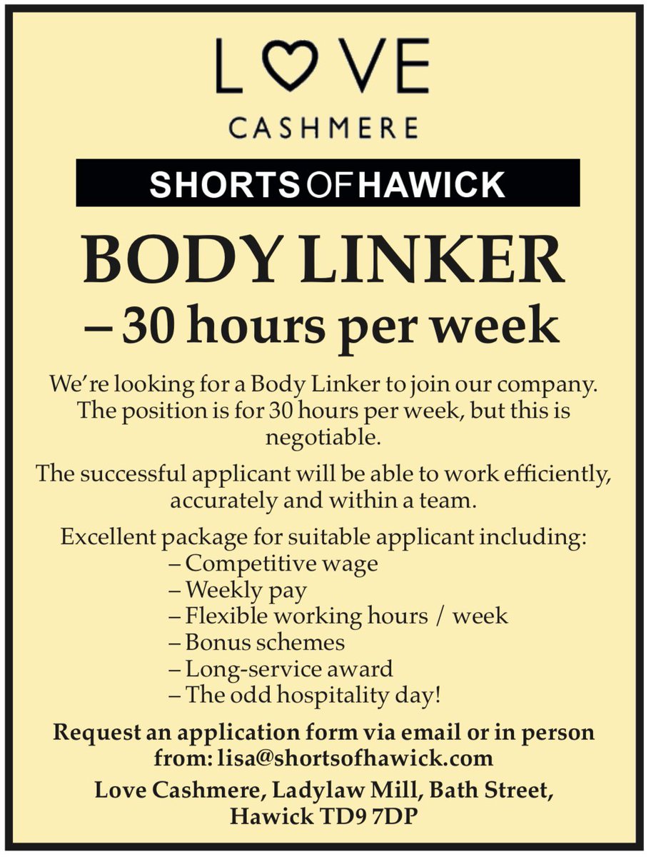 An excellent 𝗘𝗺𝗽𝗹𝗼𝘆𝗺𝗲𝗻𝘁 𝗼𝗽𝗽𝗼𝗿𝘁𝘂𝗻𝗶𝘁𝘆 with Shorts of Hawick 👇

#weknowHawick #PeoplesPaper #jobad #jobvacancy #EmploymentNews #jobopening