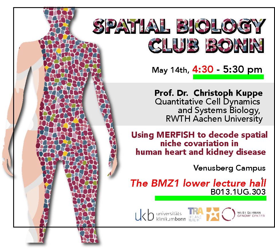 🕟 New Time & Location!📍 We're excited to welcome @KuppeChristoph tomorrow at 4:30 PM, May 14th, in the BMZ1 lower lecture hall (B013.1UG.303), Venusberg Campus. A groundbreaking lecture on spatial biology! 🧬 In-person only. Thanks @ImmunoSens & TRA! Please RT! #SpatialBiology