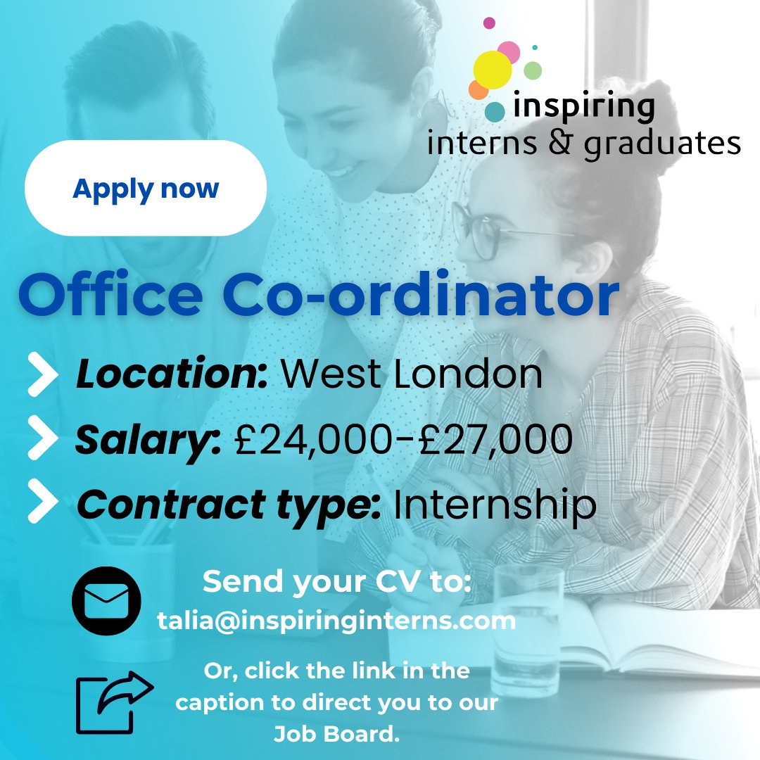 🔔NEW JOB ALERT🔔 

We're hiring for a Graduate Office Coordinator (4 days per week) in West London. 

Apply here ➡ inspiringinterns.com/job-board/11244

#graduatejobs #jobsearch #officecoordinator #gradjobs #londonjobs