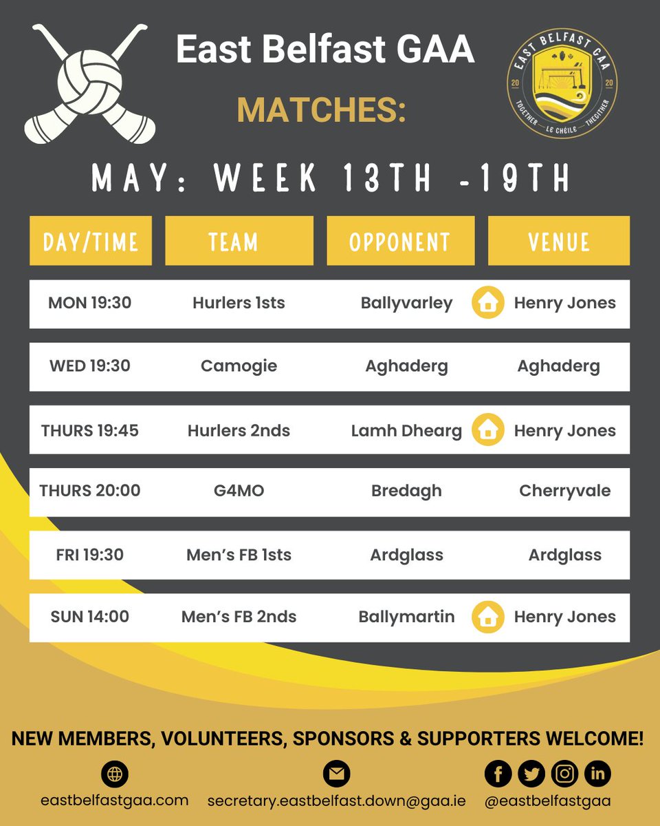 ⚫️🟡 This Week’s Matches 🟡⚫️ Witness the play, seize the day, come what may! Can’t make a match yet want to support? Sponsor a ball! tinyurl.com/BallSponsorEBG… As always we wish all players and the management team good luck! #Together #LeChéile #Thegither