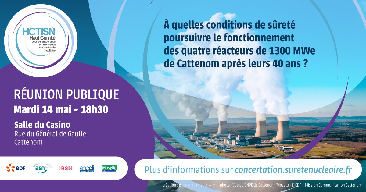 Quelle sûreté pour les réacteurs #nucléaires de 1 300 MWe après 40 ans de fonctionnement ?
--> mardi 14 mai à #Cattenom réunion publique ouverte à tous pour poser vos questions à l'Autorité de sûreté nucléaire (ASN),@EDFCattenom et @IRSNFrance 
#ParlonsSûreté #40ans1300MWe