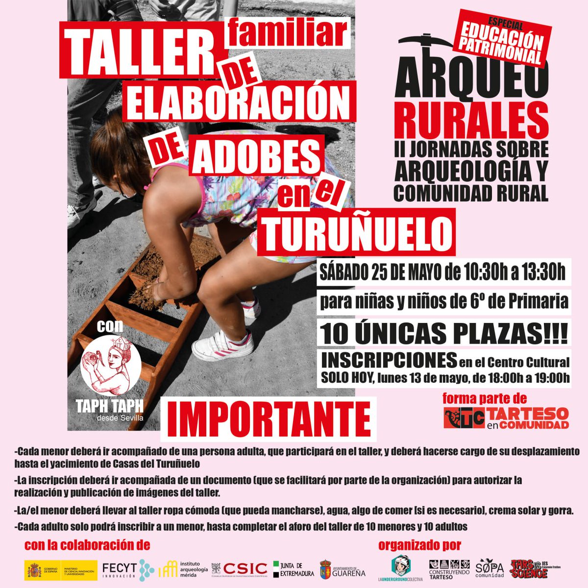 ❗En el marco de las II Jornada de Arqueo Rurales 2024 se va a organizar un Taller Familiar de Elaboración de Adobes, el próximo 25 de mayo, en el #Turuñuelo. Se ofertan diez únicas plazas para niños y niñas de 6º de primaria. Inscripciones, SOLO HOY, 13 de mayo, de 18 a 19hrs.