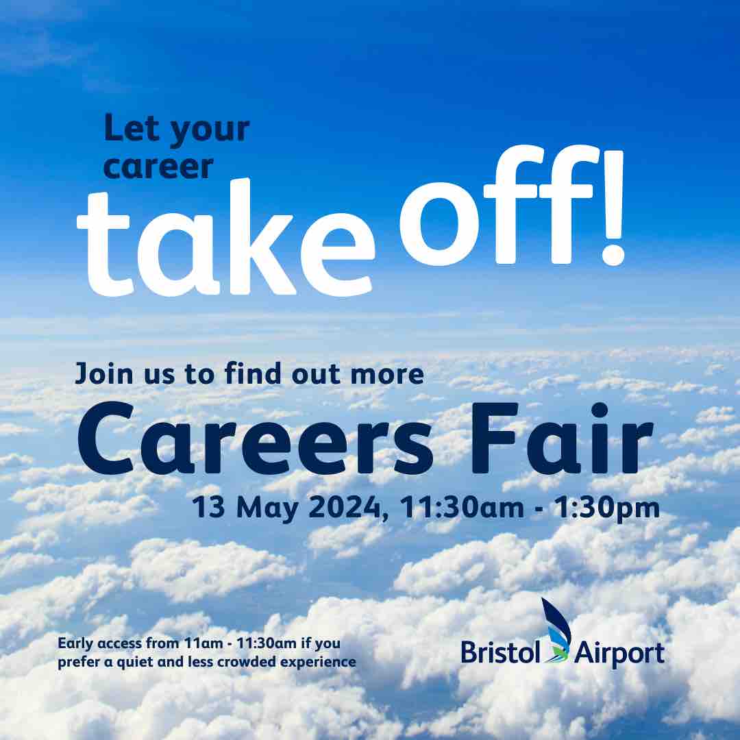 Our Careers Fair is today! 100+ jobs in customer service, security, transportation. Make sure you bring your CV, for tips and advice from our People Team, plus free travel/parking for attendees. For more info: bit.ly/3WcYWMU ✈️ 
#BristolAirport #CareersFair