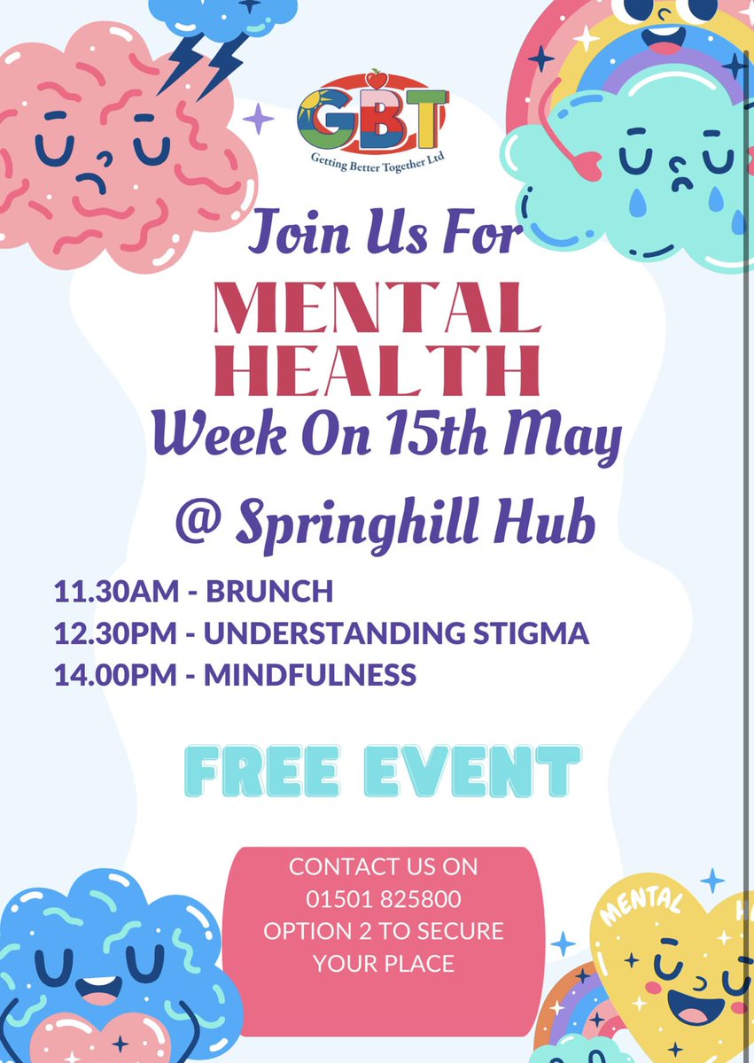 @mentalhealth Mental Health Awareness Week 2024 - 13th - 19th May. This year theme is “Movement: Moving more for our mental health” #MomentsForMovement mentalhealth.org.uk/our-work/publi… @shottsGBT Free event during mental health week - 15th May, more info: flyer/01501 825800