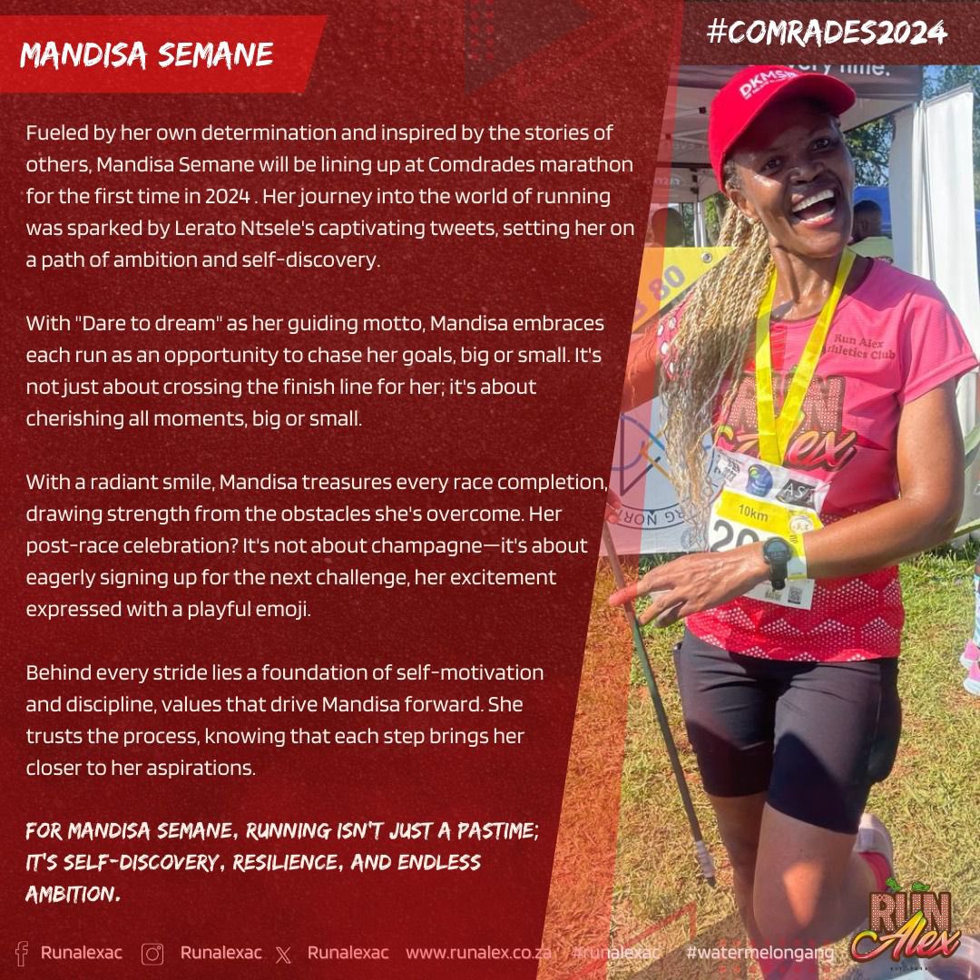 Get ready to join Mandisa as she gets ready for her first @ComradesRace. With each step, she's chasing her dreams and rewriting her story. We are rooting for you, @MirandzM #WatermelonGang🍉 #RunAlexAC #Comrades2024