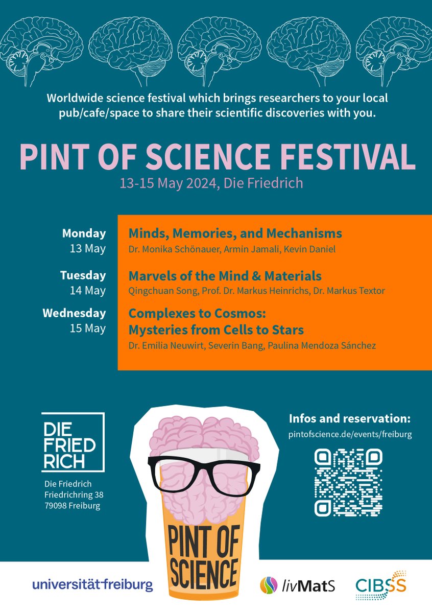 Pint of Science is back in Freiburg! The next three evenings will be filled with entertaining science talks in relaxed atmosphere. With CIBSS members @EmiliaNeuwirt and @Kevin_Daniel_C. 🧠🌱🧬 ➡️pintofscience.de/events/freiburg