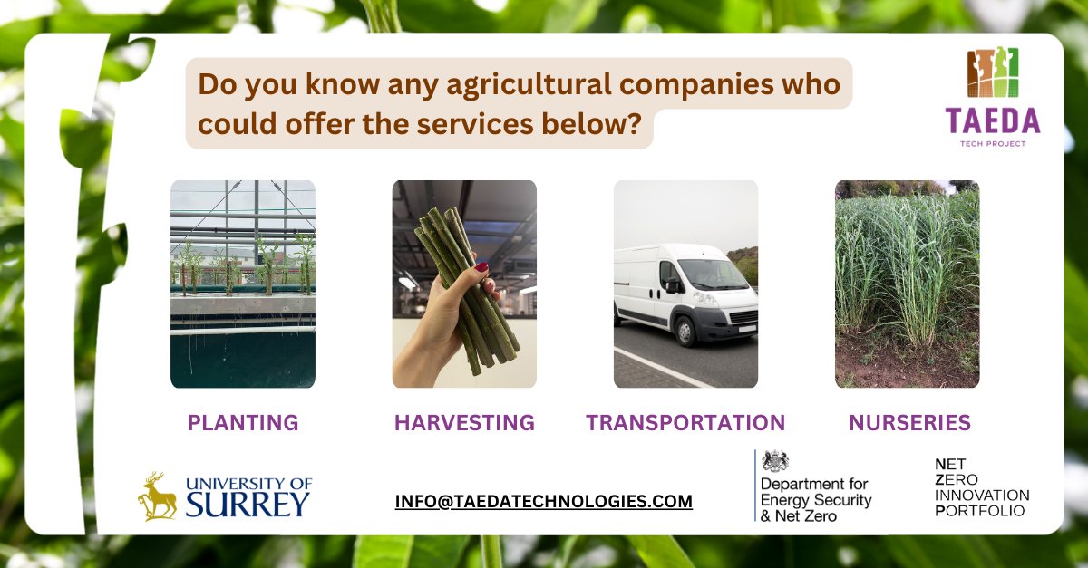 TAEDA Tech Project (@taedatech) on Twitter photo We're on the lookout for agricultural companies that can provide the following services for an upcoming project:
🌱 Planting
⛏️ Harvesting
🚚 Transportation
🌱 Nursery Growers
Get in touch by email info@taedatechnologies.com or pm!
#FarmingServices #biomass #willow We're on the lookout for agricultural companies that can provide the following services for an upcoming project:
🌱 Planting
⛏️ Harvesting
🚚 Transportation
🌱 Nursery Growers
Get in touch by email info@taedatechnologies.com or pm!
#FarmingServices #biomass #willow