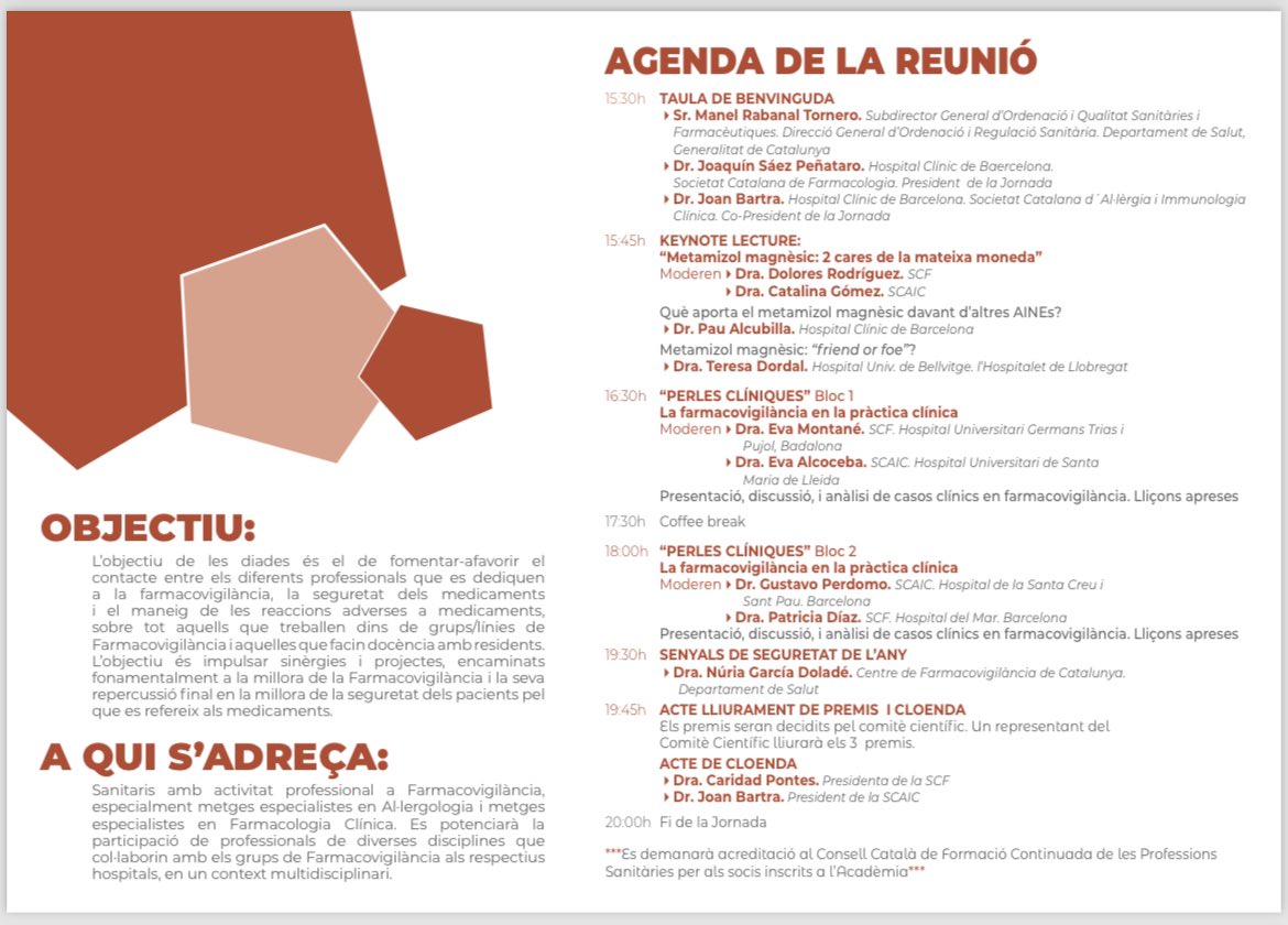 ✅ Segona edició de la Diada Farmacovigilant!!

24 de Maig, 15h. Seu de l’Acadèmia de Ciències Mèdiques
Inscripcions: bit.ly/3PLODeK
👉🏻Una oportunitat per comentar casos interessants de reaccions adverses amb companys de diferents especialitats. 

🙋🏻‍♀️🙋🏻Us hi esperem!!!