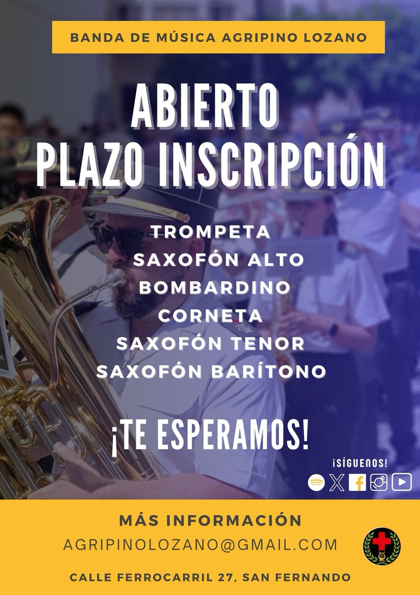 🎶 𝗔𝗯𝗶𝗲𝗿𝘁𝗼 𝗽𝗹𝗮𝘇𝗼 𝗶𝗻𝘀𝗰𝗿𝗶𝗽𝗰𝗶𝗼𝗻 para ingreso en la Banda de Música @agripinolozano

Más información en agripinolozano@gmail.com o en C/ Ferrocarril 27 San Fernando (Cádiz)

¡𝗧𝗲 𝗲𝘀𝗽𝗲𝗿𝗮𝗺𝗼𝘀! 💚

@enrique_busto
@ConserMusiCadiz

📲 #SuenaAgripinoLozano
