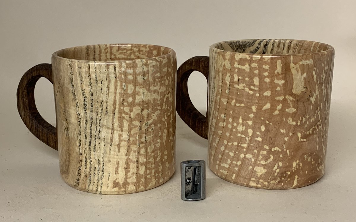 Back to being available... Matching pair of Spalted Ash coffee mugs, with carved Black Walnut handles. 420ml capacity