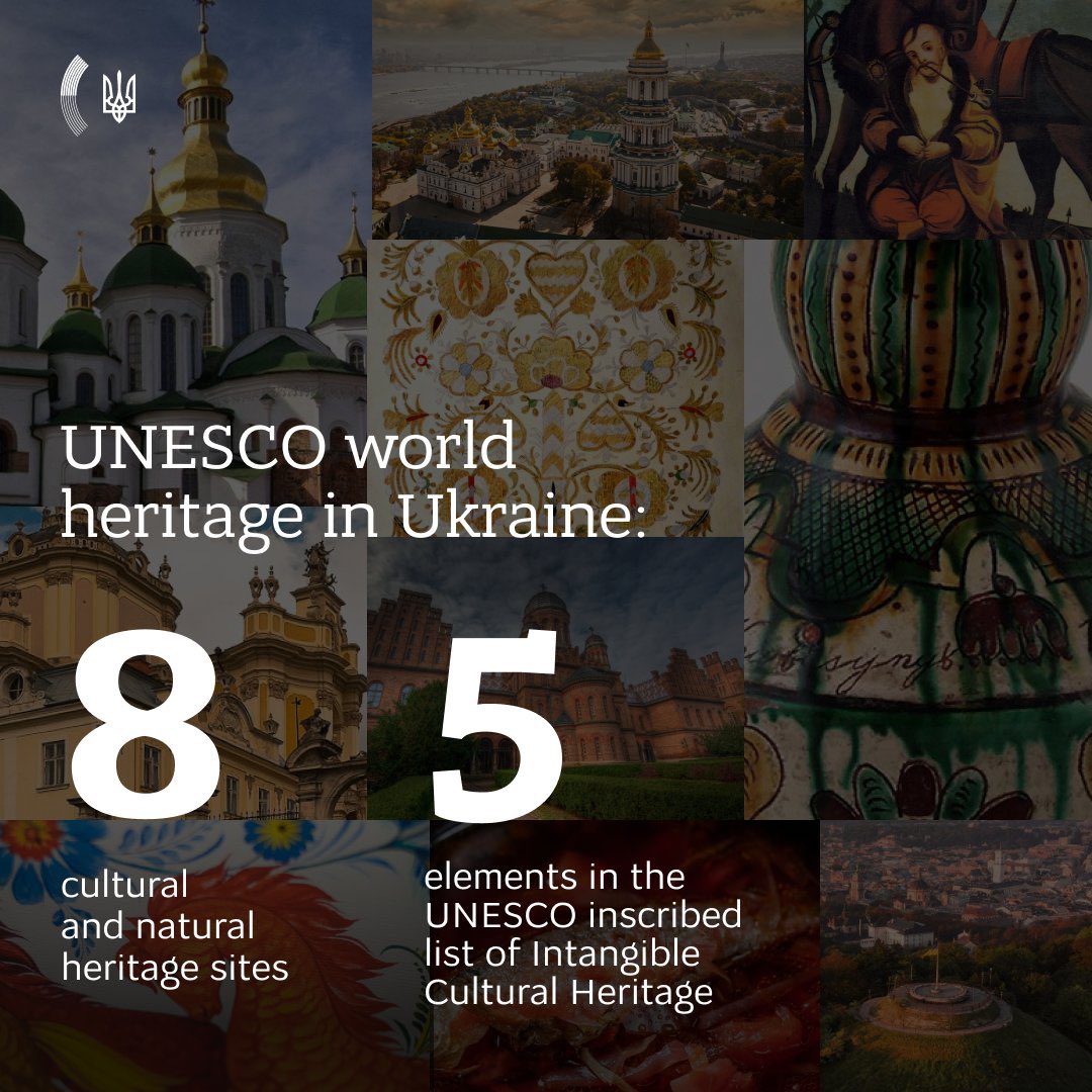 🇺🇦🤝🇺🇳

8 Ukrainian sites are included in #UNESCO's World Heritage List – 7 cultural and 1 natural. Also, 5 Ukrainian elements are included in the Representative List of the Intangible Cultural Heritage of Humanity 🌟

We must protect and preserve Ukrainian traditions and memory.