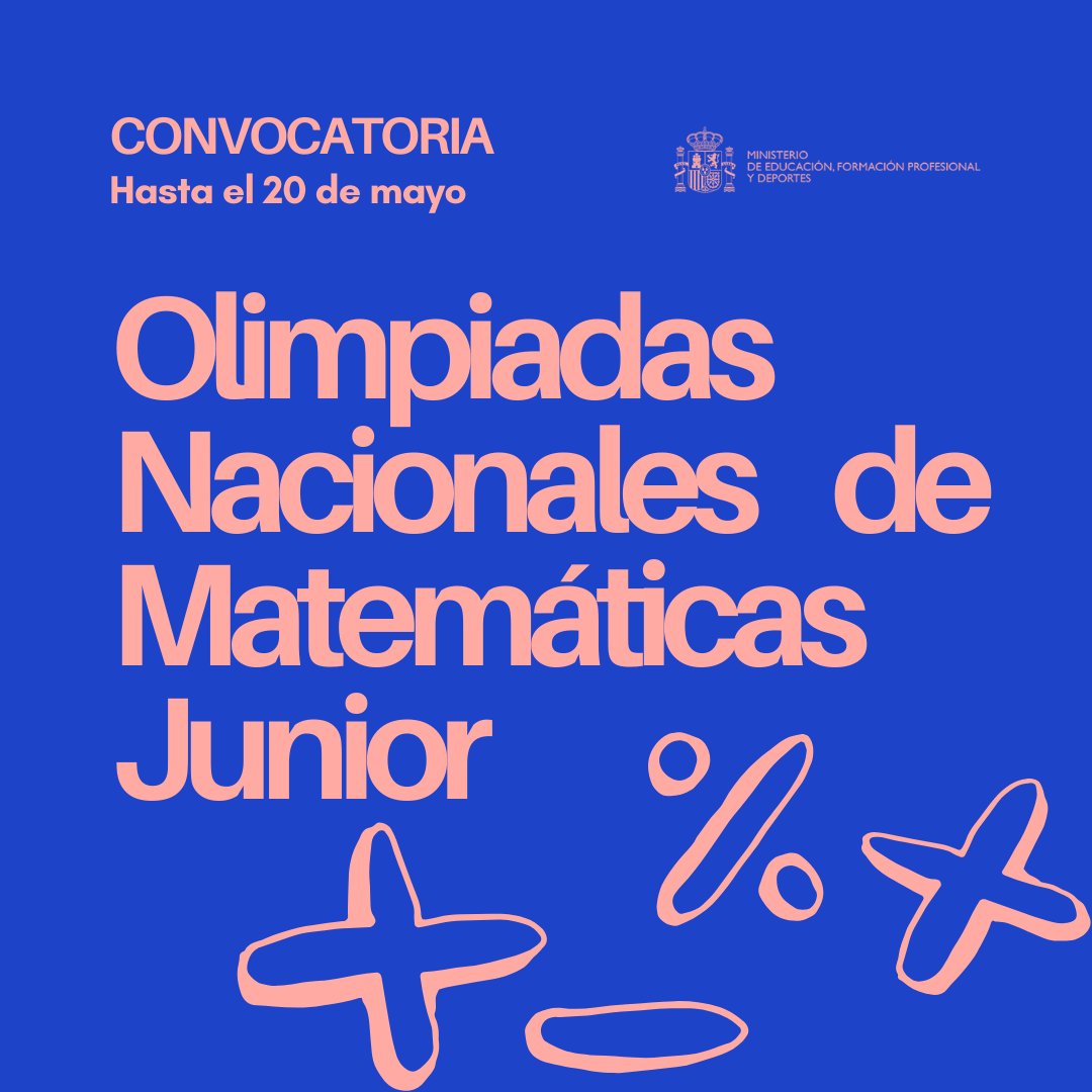 ➗🟰➕¡Apúntate a Olimpiadas Nacionales de Matemáticas Junior! 🔹Para estudiantes de 2º de ESO que vivís en Ceuta, Melilla o estudias en un centro español en el exterior. Consulta todas las condiciones. Tienes hasta el 20 de mayo👇 educacionfpydeportes.gob.es/servicios-al-c…