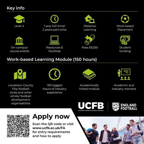 .@UCFB has launched a new Certificate of HE in collaboration with @EnglandFootball and the @FA to support career opportunities within football development 🎓

It includes one year of distance learning, with 150 hours of industry experience.

Read: bit.ly/3Vh6vBW