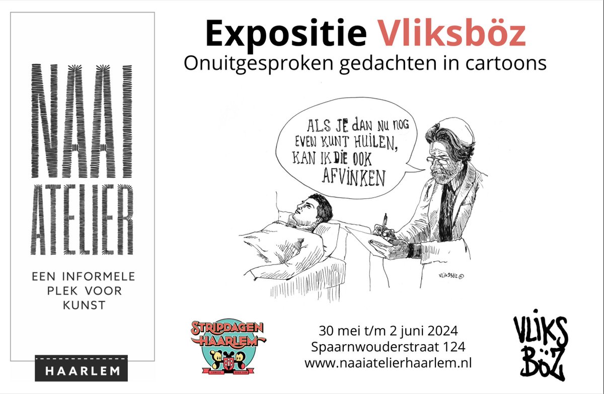 Op de stripdagen van 30 mei tot 2 juni in Haarlem is er in galerie Naaiatelier een expositie van Vliksböz. Je kan er ook werken kopen. Kom ook!  Meer info: naaiatelierhaarlem.nl/agenda