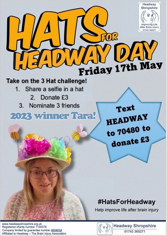 🎩 Join us for Hats for Headway Day on May 17th! 🎩

Wear your favorite hat to show support for adults with acquired brain injuries. Make a donation to @HeadwayShropshire to double your impact and share your hat selfies with us! Let's make a difference together. #HatsForHeadway