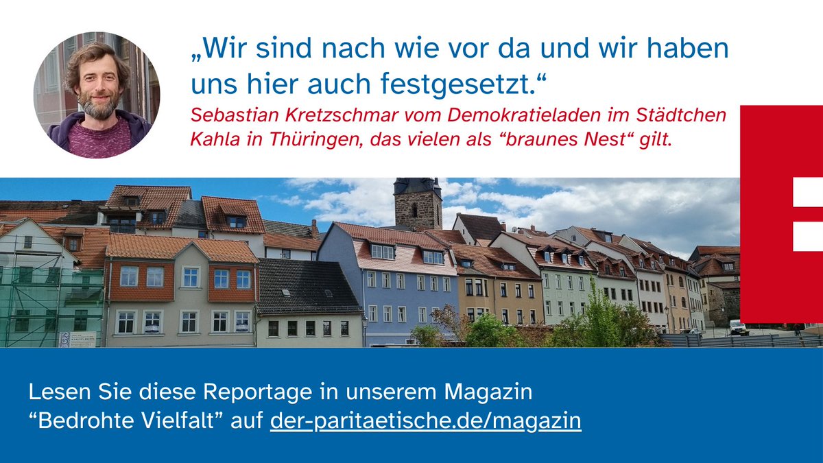 'Bedrohte Vielfalt' ist der Schwerpunkt der neuesten Ausgabe unseres Mitgliedermagazins. Dafür besuchten wir die Engagierten des Demokratieladens in Kahla, Thüringen – ein Ort, der vielen als 'braunes Nest' gilt. 👉 der-paritaetische.de/magazin/ausgab…