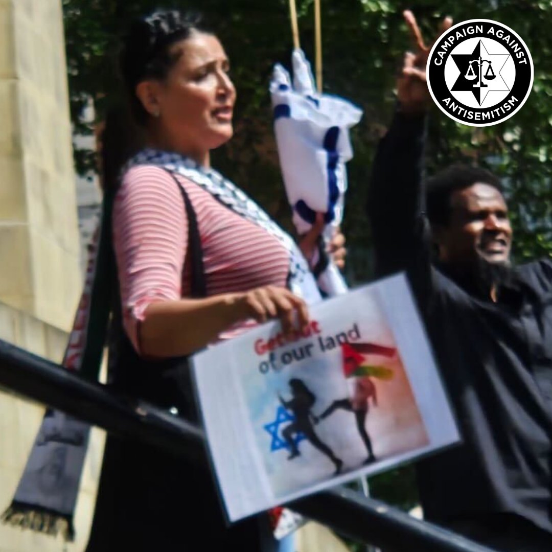 Let’s examine this sign. Is this merely “criticism of Israel”?

At a demonstration in Leeds over the weekend, protesters held signs saying “Get out of our land”. Below that, we see a figure carrying the flag of the Palestinian Authority and kicking another figure.

While the flag…