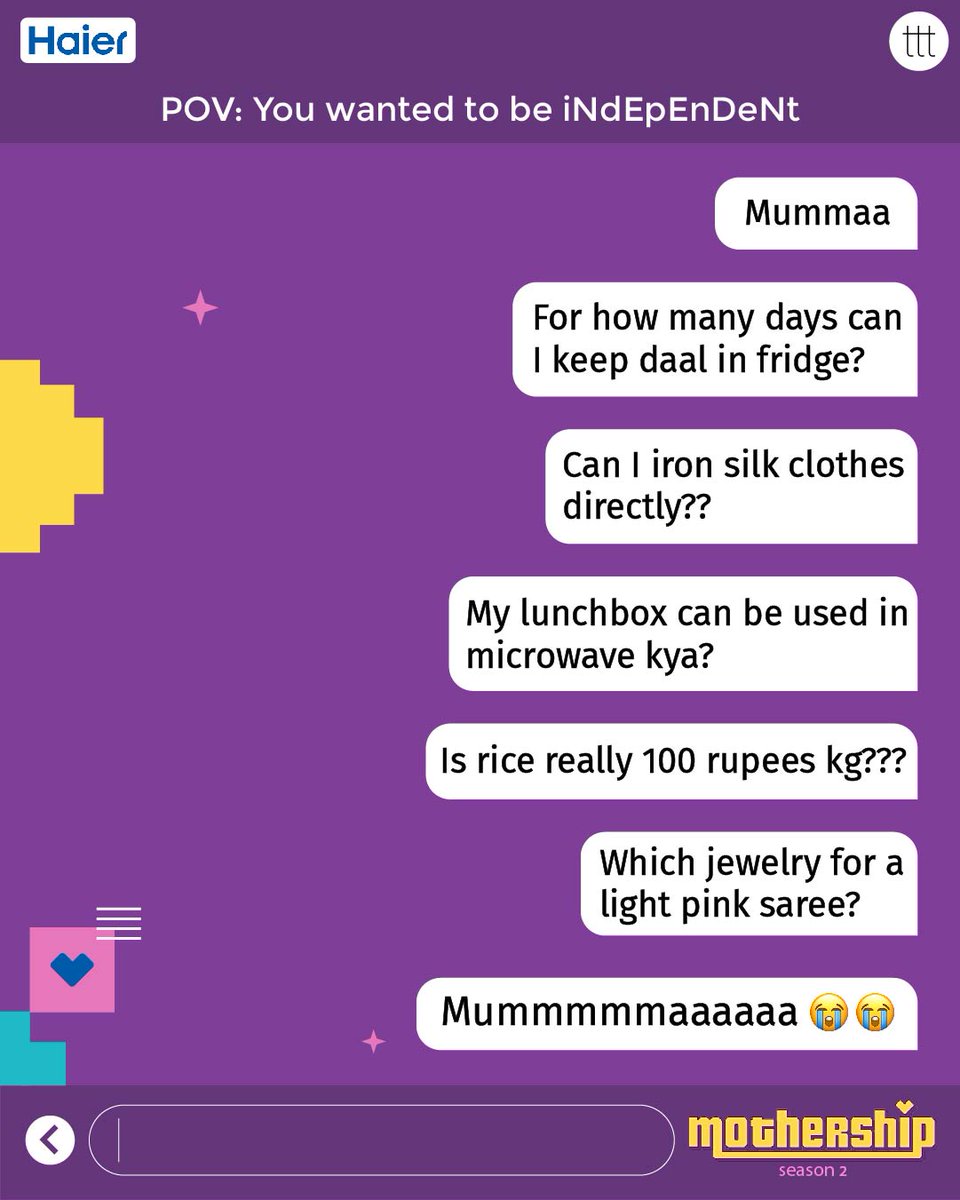 Aur bano independent ab! 🥲

ttt x Haier(<a href="/IndiaHaier/">Haier India</a>) bring to you Mothership Season 2 - with a special film. Watch it on our feed now! #MomsKnowItAll 

Designed by Tanvi
Written by Mansi Jain