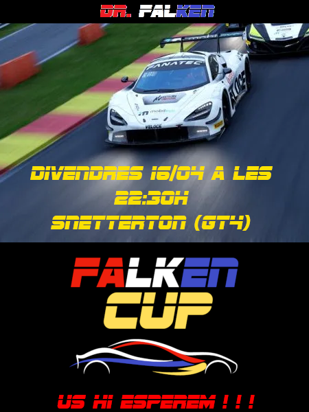 DrFalken (@drfalken1976) on Twitter photo Aquest divendres torna la #FalkenCUP a les 22:30h!
Us esperem a Snetterton!
Ens podeu seguir via Twitch twitch.tv/DrFalken
Agraïments als nostres patrocinadors <a href="/Tulsafs/">Tulsà, fruits secs</a> i
<a href="/JocCreuat/">Joc Creuat</a> Aquest divendres torna la #FalkenCUP a les 22:30h!
Us esperem a Snetterton!
Ens podeu seguir via Twitch twitch.tv/DrFalken
Agraïments als nostres patrocinadors <a href="/Tulsafs/">Tulsà, fruits secs</a> i
<a href="/JocCreuat/">Joc Creuat</a>