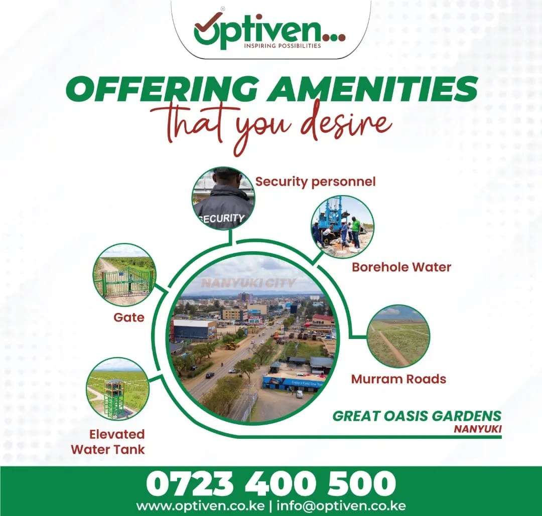 𝐎𝐰𝐧 𝐏𝐫𝐢𝐦𝐞 𝐋𝐚𝐧𝐝 𝐈𝐧 𝐍𝐚𝐧𝐲𝐮𝐤𝐢 Step into the world of property ownership in Nanyuki! Picture yourself as the proud owner of a stunning 1/8th acre at The Great Oasis Gardens by Optiven, situated along the Nanyuki-Rumuruti road. Now, let's manifest this vision