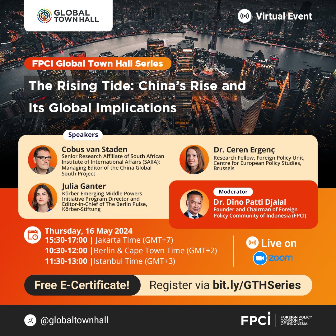 Find out what China's rise means to the rest of the world and how it is seen globally through the North, South, East, and West perspectives, only at Global Town Hall Series on 'The Rising Tide: China's Rise and Its Global Implications.' REGISTER NOW ➡️ bit.ly/GTHSeries