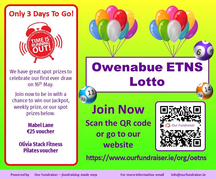 ⭐ Support our school and WIN! 🏫 ⭐ Sign up for our lotto fundraiser now and help us raise funds for our second site. First draw: May 16th. Spot prizes include a €25 Mabel Lane voucher & a Pilates Voucher from Olivia Stack Fitness. Don't miss out! ourfundraiser.ie/org/oetns 🎉