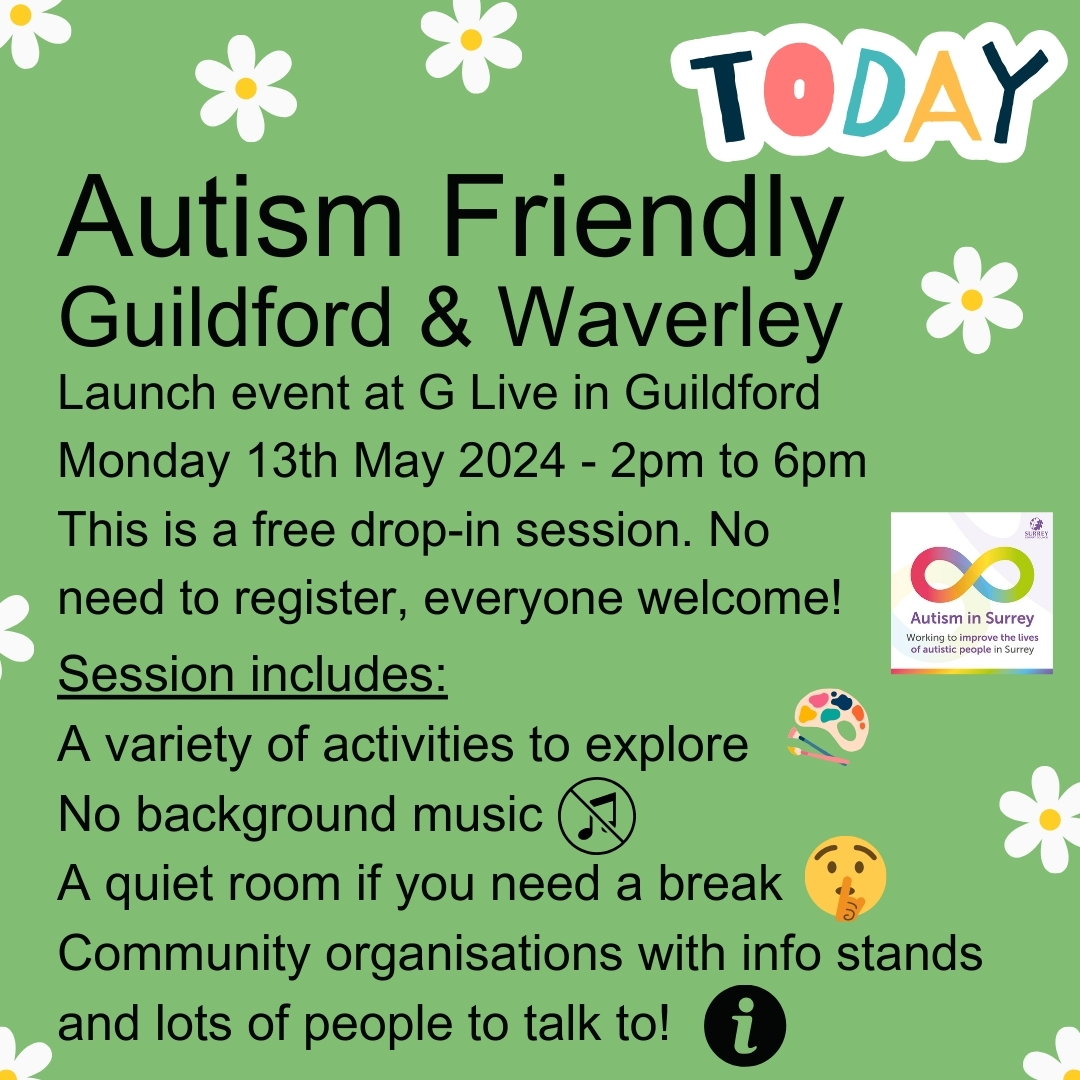 Come along to Guildford & Waverley's Autism Friendly launch event at GLive TODAY! The event runs from 2-6pm and is free to attend, no need to register. Check out just some of the activities: 🎮 Gamers Lounge 🎨 Art and Grind ♟️ Unplug and Play More 👉 orlo.uk/2oU07