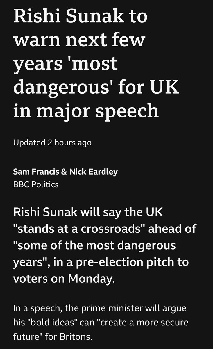 Dangerously deluded Sunak tries scare tactics to cling to power longer & milk us completely dry👇🏼👇🏼 Appaz next few years will be v dangerous for us if he goes 🙄😂 Don’t forget in Covid he allegedly said “Just let people die” 😡 That’s how little he cares… shallow piece of…